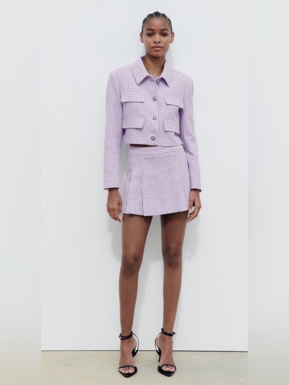Zara tweed gingham cropped shoulder pads blazer